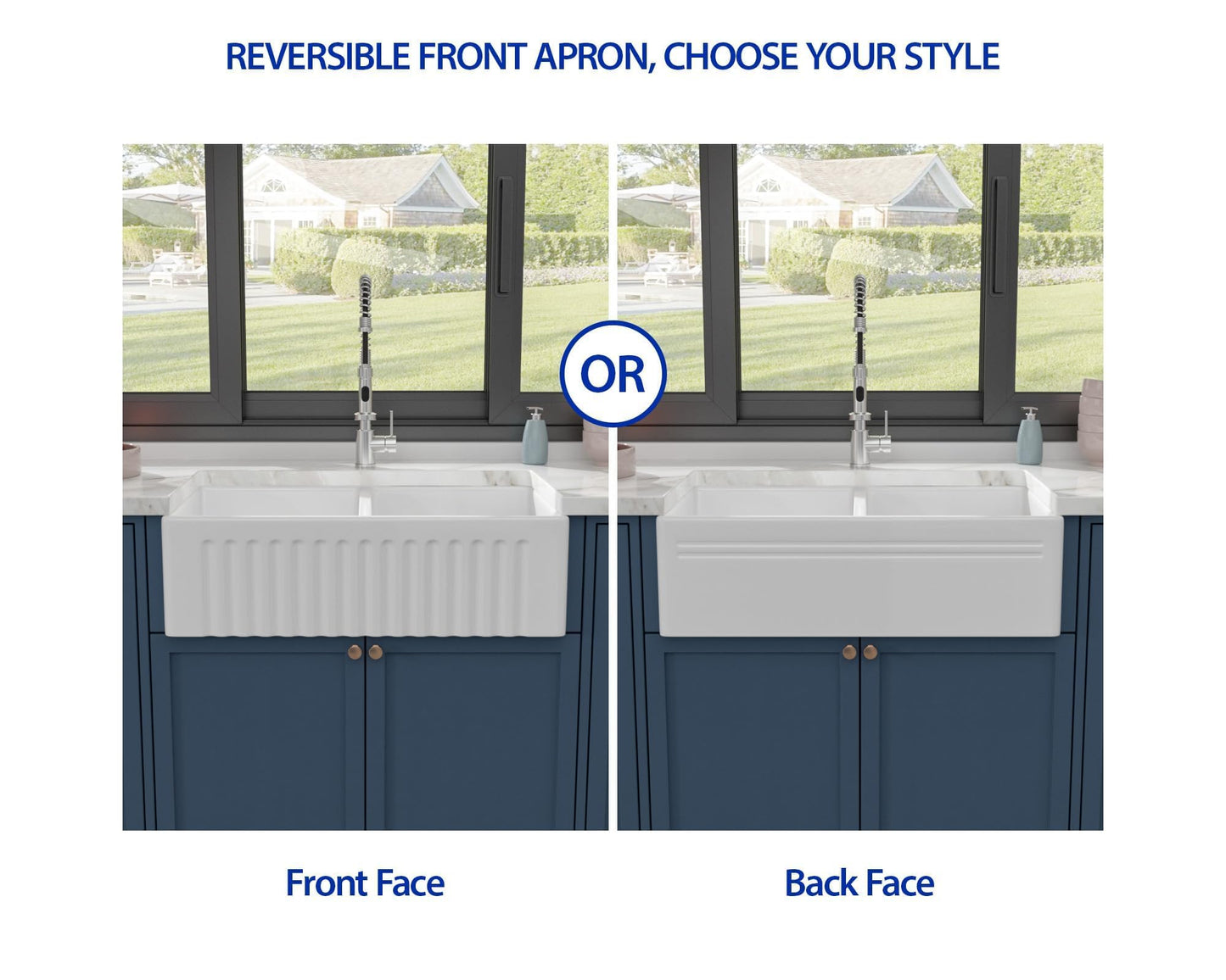 Dcolora 33 In. White Fireclay Farmhouse Sink Reversible Apron Front Design, 50/50 Double Bowl Ceramic Porcelain Kitchen Sink, 33"W×18"D×10"H #DC-A8871