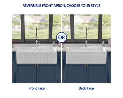 Dcolora 33 In. White Fireclay Farmhouse Sink Reversible Apron Front Design, 50/50 Double Bowl Ceramic Porcelain Kitchen Sink, 33"W×18"D×10"H #DC-A8871