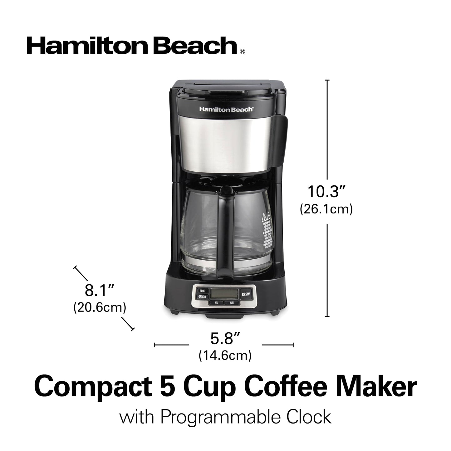 Hamilton Beach 5 Cup Drip Coffee Maker with Easy FrontFill Basket, Compact Design, Programmable Clock, Glass Carafe, Auto Pause and Pour, Black & Stainless Steel (46111)