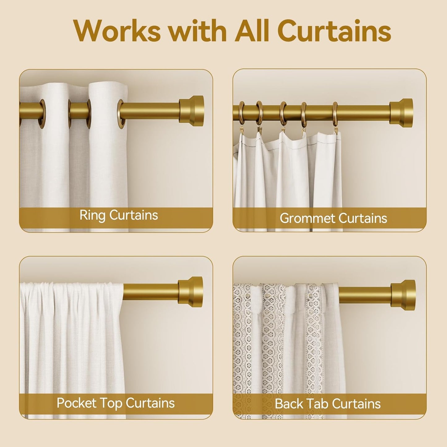 YaFex Adjustable Curtain Rods - Heavy Duty 1 Inch, 32-58 Inch, Modern Gold Design, Easy Installation