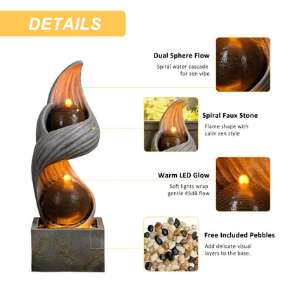 42.9"H Large Indoor Water Fountains,Modern Spiral Water Fountain Outdoor with Dual Spheres Zen Water Feature Floor Fountain with Light LED Waterfall for Outside Deck, Patio, Porch, Garden, Yard Decor