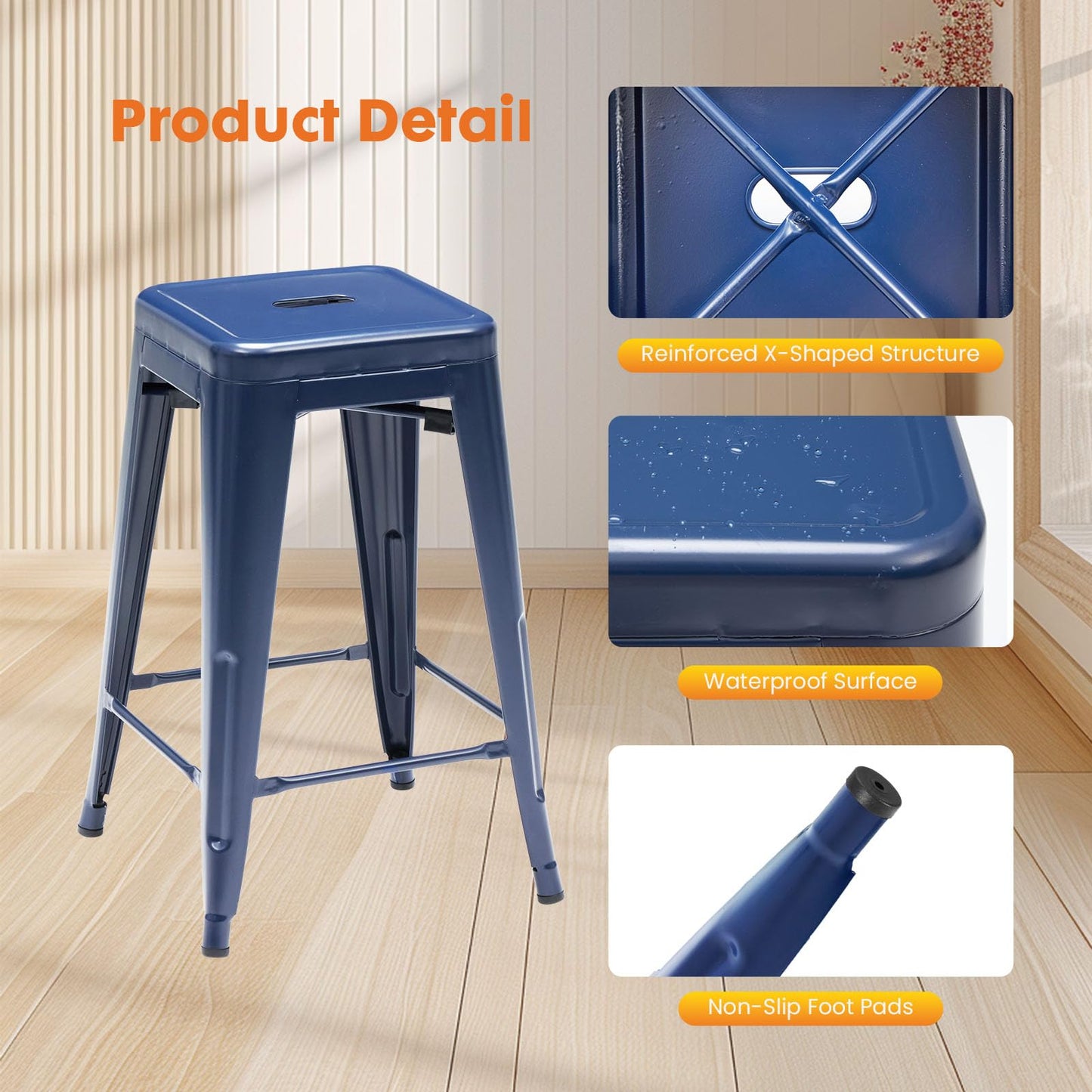 Sweetcrispy Metal Bar Stools Set of 8, 24 Inch Stackable Restaurant Classic Trattoria Metal Chairs, Backless Counter Height Barstool Chairs for Dining Room, Kitchen Island, Indoor Outdoor Use, Blue