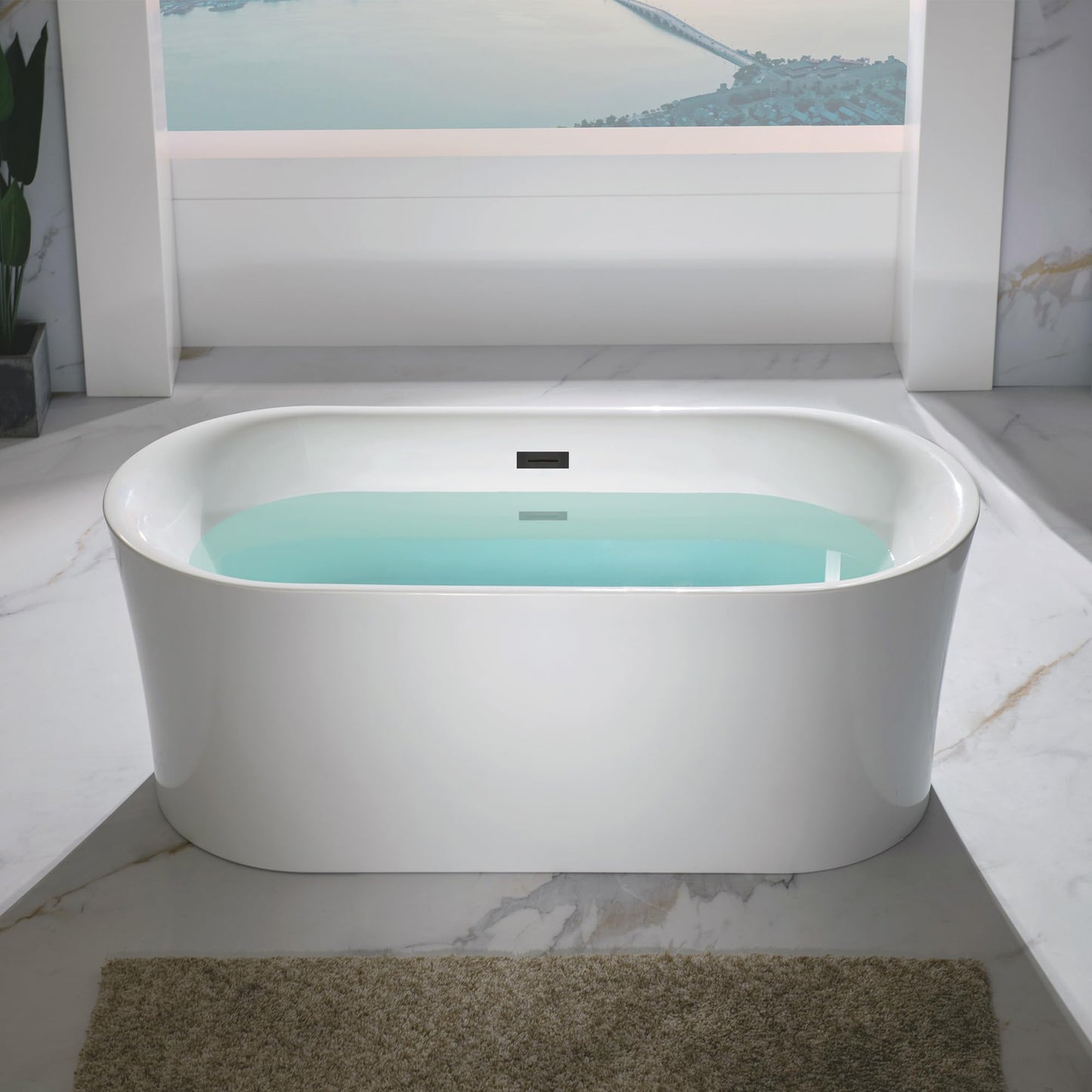 WOODBRIDGE 59" Acrylic Freestanding Bathtub Contemporary Soaking Tub with Matte Black Overflow and Drain,White Tub,B0058-MB