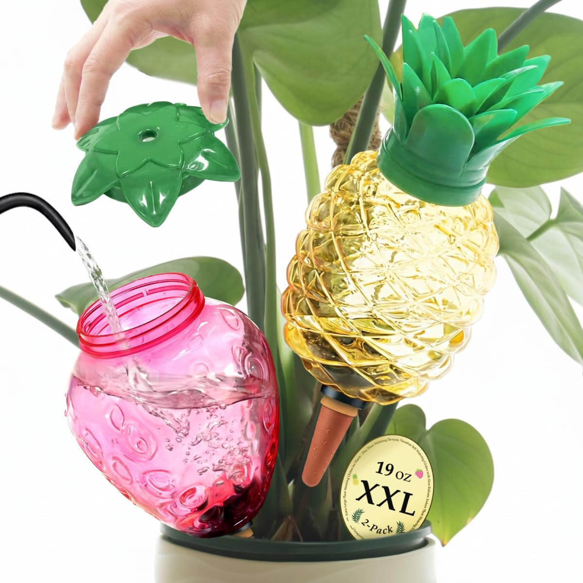 Extra Large Plant Watering Globes for Plants - 19oz Plant Watering Devices, Vacation Self Watering Globes with Slow Release, Indoor Plant Watering Bulbs, Plastic, 2-Pack(1 Pineapple & 1 Strawberry)