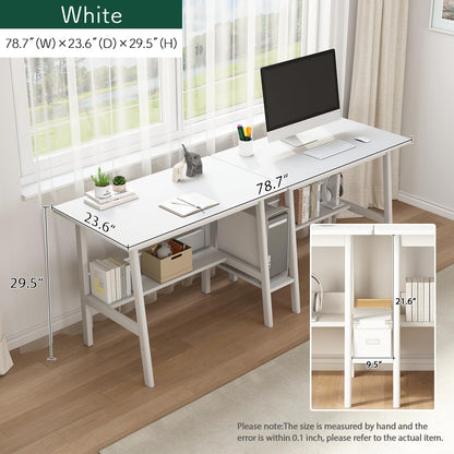 NELYE 2-Person Writing Desk with Bookshelf - 79" Wooden Extra Long Home Office Work Table, Double Study Computer Workstation with Storage Shelves in White, 79" W x 24" D