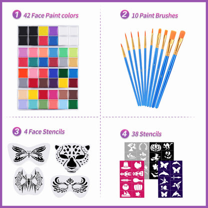VESPRO Face Painting Kit For Adult Party,42 Colors Professional Oil Face&Body Paint Kit with 10PCS Brushes 4PCS Reusable Face Stencils and 4PCS Paint Stencils for Adults Halloween Makeup