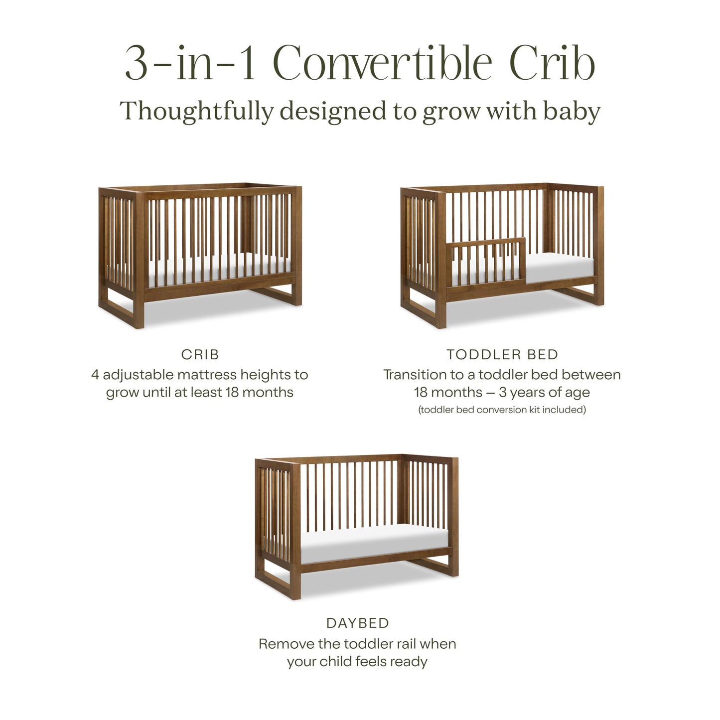 Namesake Nantucket 3-in-1 Convertible Crib with Toddler Bed Conversion Kit in Natural Walnut, Greenguard Gold Certified