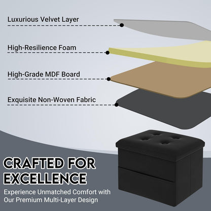 16"x12"x12" Zoes Homeware Small Storage Ottoman Foot Rest, Velvet Ottoman with Storage and Side Pocket, Black Foot Rest