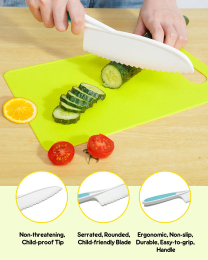 Kids Knife Set, 5 Pcs Montessori Kitchen Tools for Toddlers' Real Cooking, BPA Free Kids Safe Kitchen Cooking and Baking Set with Peeler, Cutting Board for Sandwich Bread Vegetable Fruit Present Gift