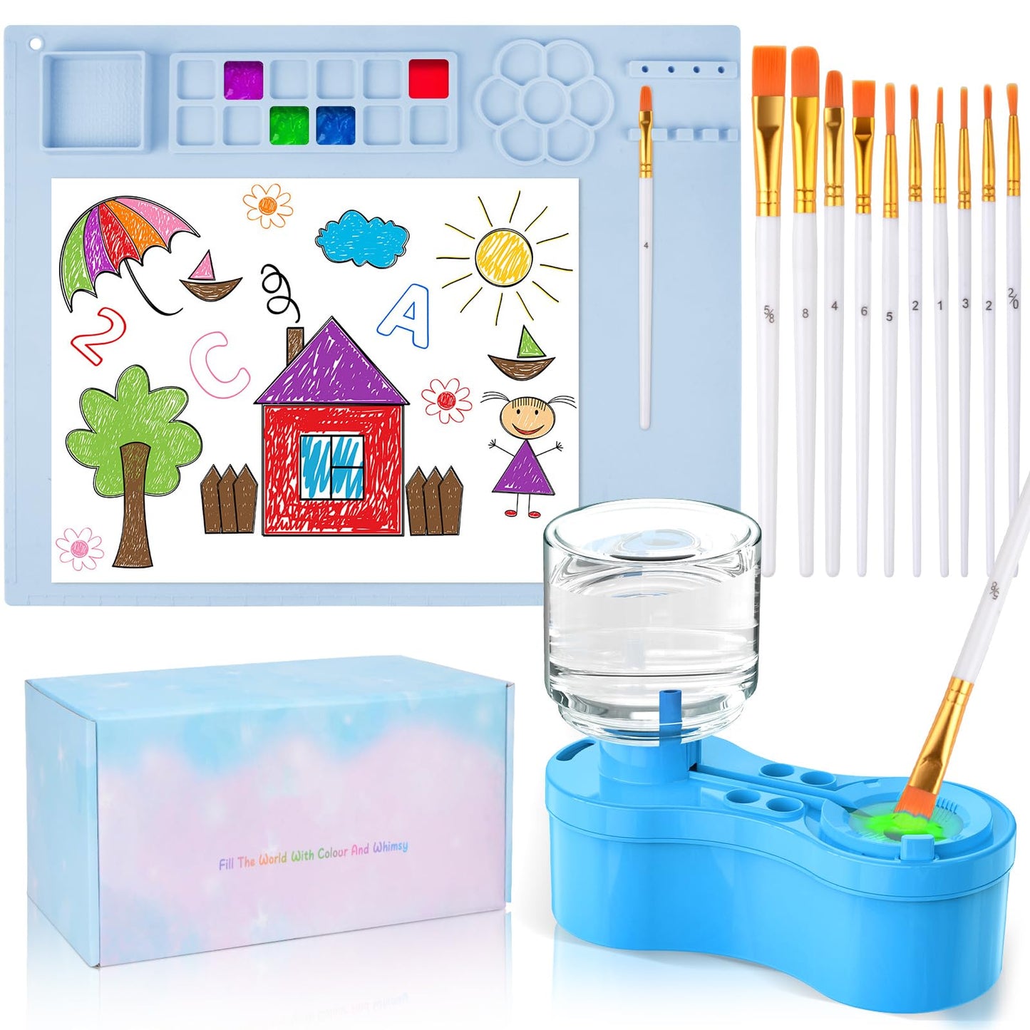 Painting Station, Silicone Painting Mat and Paint Brush Cleaner, 20"X16" Silicone Art Mat with 10 Paint Brushes, Paint Brush Rinser, Art Painting Supplies Set (Blue)