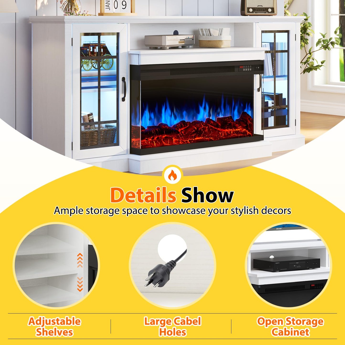 OneBlis 70 Inch Fireplace TV Stand for TVs up to 80", Rustic Media Entertainment Center Console Table with Glass Door Closed Storage, 3-Sided Glass Fireplace, White