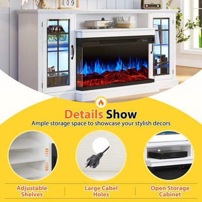 OneBlis 70 Inch Fireplace TV Stand for TVs up to 80", Rustic Media Entertainment Center Console Table with Glass Door Closed Storage, 3-Sided Glass Fireplace, White