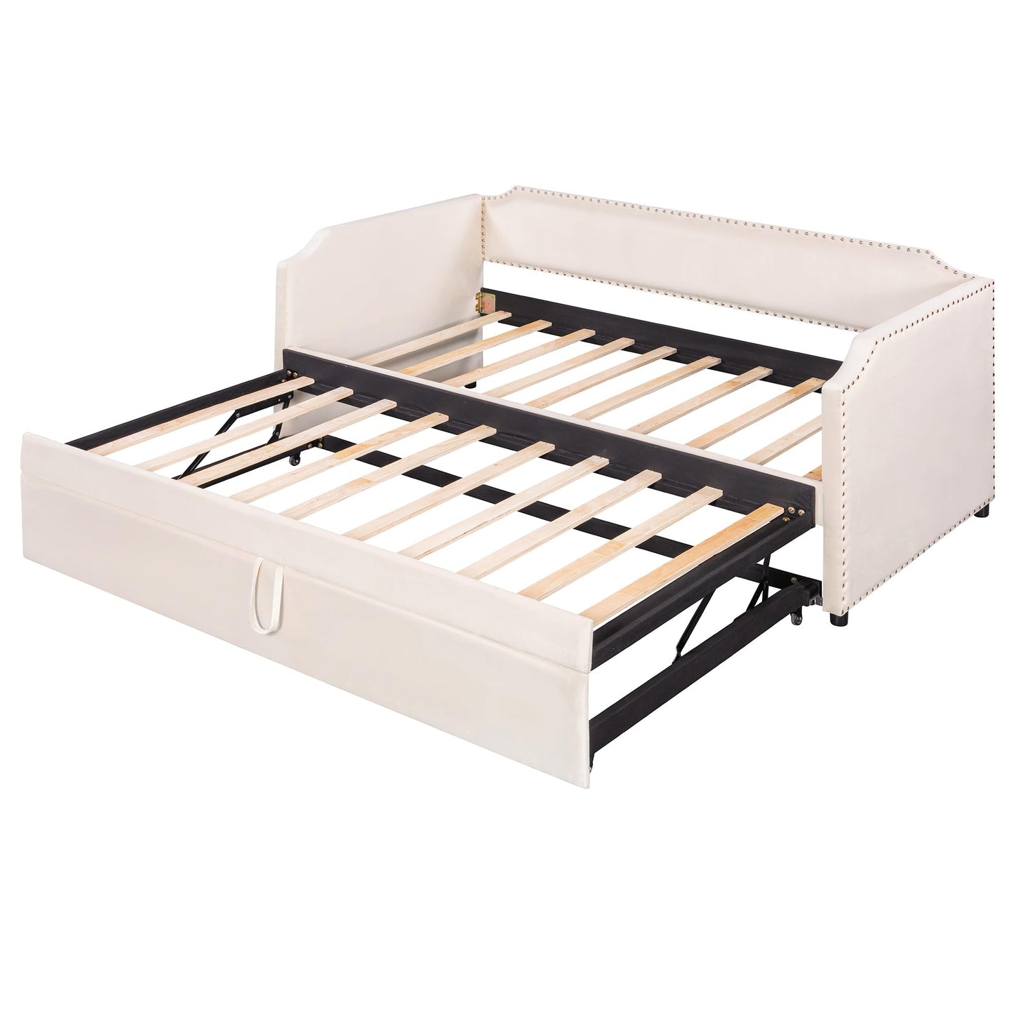 Merax Velvet Upholstered Daybed with Pop Up Trundle Twin to King Desigin, Twin Size Extendable Sofa Bed, Easy Assembly,No Box Spring Needed, Beige
