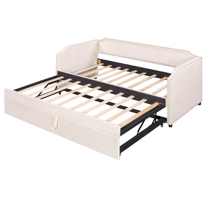 Merax Velvet Upholstered Daybed with Pop Up Trundle Twin to King Desigin, Twin Size Extendable Sofa Bed, Easy Assembly,No Box Spring Needed, Beige