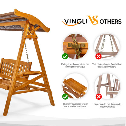 VINGLI Porch Swing with Stand, Porch Swing with Canopy, Waterproof Patio Swing with Cup Holder, Outdoor Swing Set for Garden, Yard, Patio, Teak