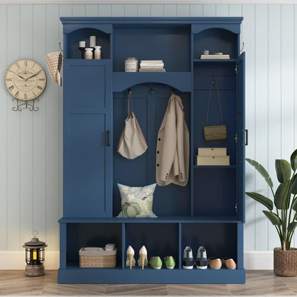Modern Farmhouse Hall Tree with Adjustable Shelves & 7 Hooks, All-in-One Entryway Organizer, Shoe Cabinet & Storage Bench for Mudroom, Hallway, Classic Arched Design, Dual Side Cabinets (Blue Style6)