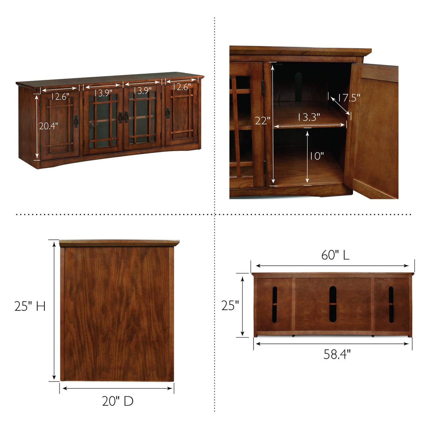 Leick Home 82360 Solid Wood Mission Oak Four Door TV Stand For 65" TVs Universal TV Console Living Room Storage Shelves Entertainment Center, Mission Oak