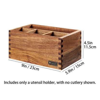 SANOSY Acacia Wood Utensil Holder, Paper Plate Dispenser Organizer for Countertop - 4 Compartment Silverware Caddy for Friendsgiving Party - Cutlery Holder for Cup, Fork, Spoon, Kitchen, Camping