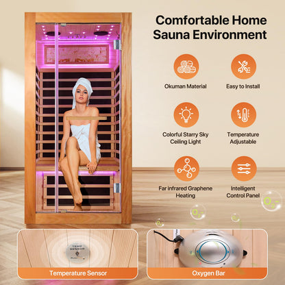 OUTEXER Sauna One Person Far Infrared Saunas Room African Mahogany Wood 1350W Dry Saunas Spa with 7 Starry Sky Light Wood Wax Oil on Outer Surface 35.4 * 35.4 * 70.9inch
