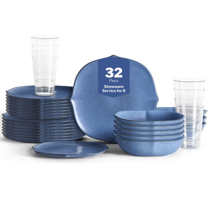 Stone Lain Baskerville 32-Piece Dinnerware Set Stoneware, Borosilicate Glass, Blue
