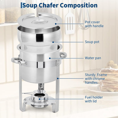 Commercial 11QT Soup Chafer Set, 4 Pack Stainless Steel Round Food Warmers Set with Pot, Notched Lids & Fuel Containers, Soup Warmers Ideal for Buffet Service & Event Catering