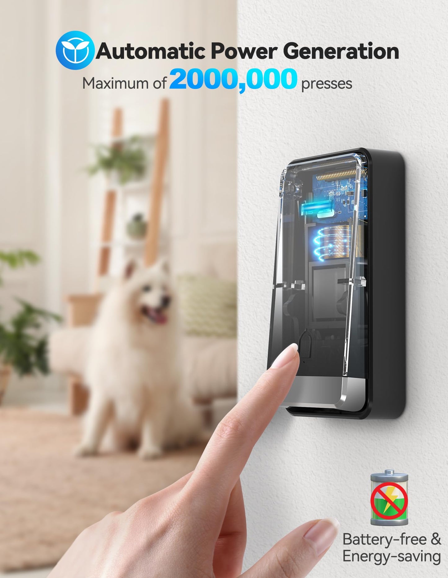 TECKNET Wireless Doorbell, Self-Powered Doorbell, 0-110db Plug-through Wireless Doorbell Ringer for Homes Classroom, IP66 Waterproof 1300ft Door Chime with Extra Socket, 60 Chimes, LED Light (White)