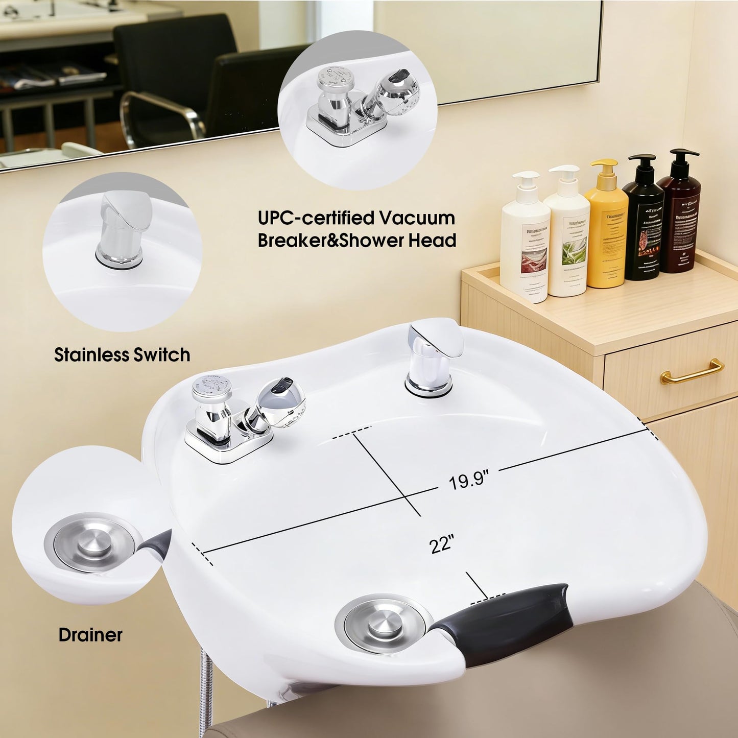BarberPub Backwash Shampoo Station Chair, Adjustable Porcelain Ceramic Hair Wash Bowl with Chair, Shampoo Station for Barber Shop, Spa Beauty Salon Equipment 9364 (Creamy White)
