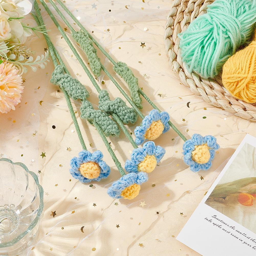 FINGERINSPIRE 5 pcs Handmade Crochet Daisy Flower Bouquet, Light Sky Blue Knitted Cotton Artificial Flowers for Home