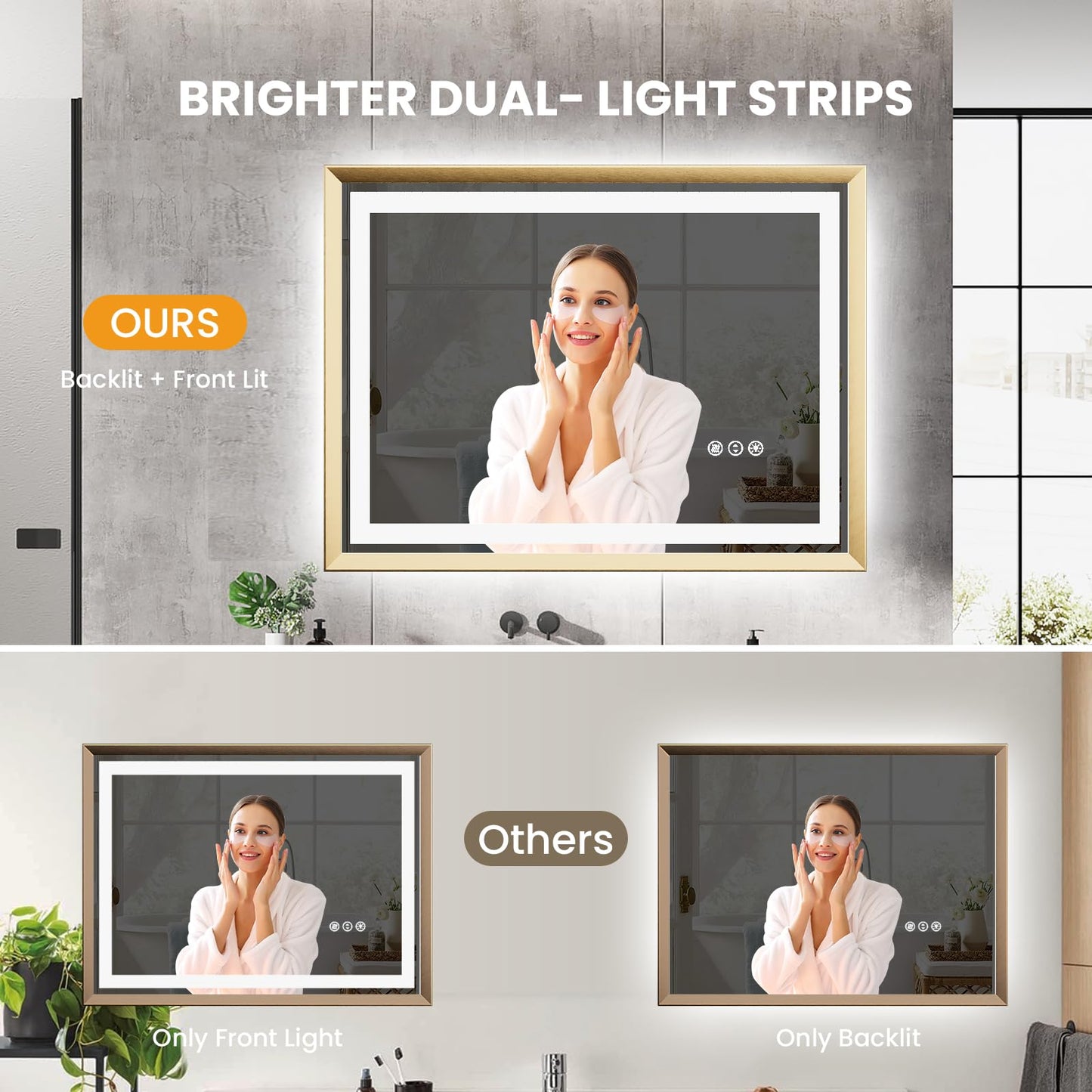 miskerm 55x36 Bathroom Mirror with Lights, Brushed Gold Metal Frame with Backlit + Front Lit, LED Bathroom Mirror, Anti-Fog, Dimmable, Bathroom Vanity Mirror Tempered Glass(Horizontal/Vertical)