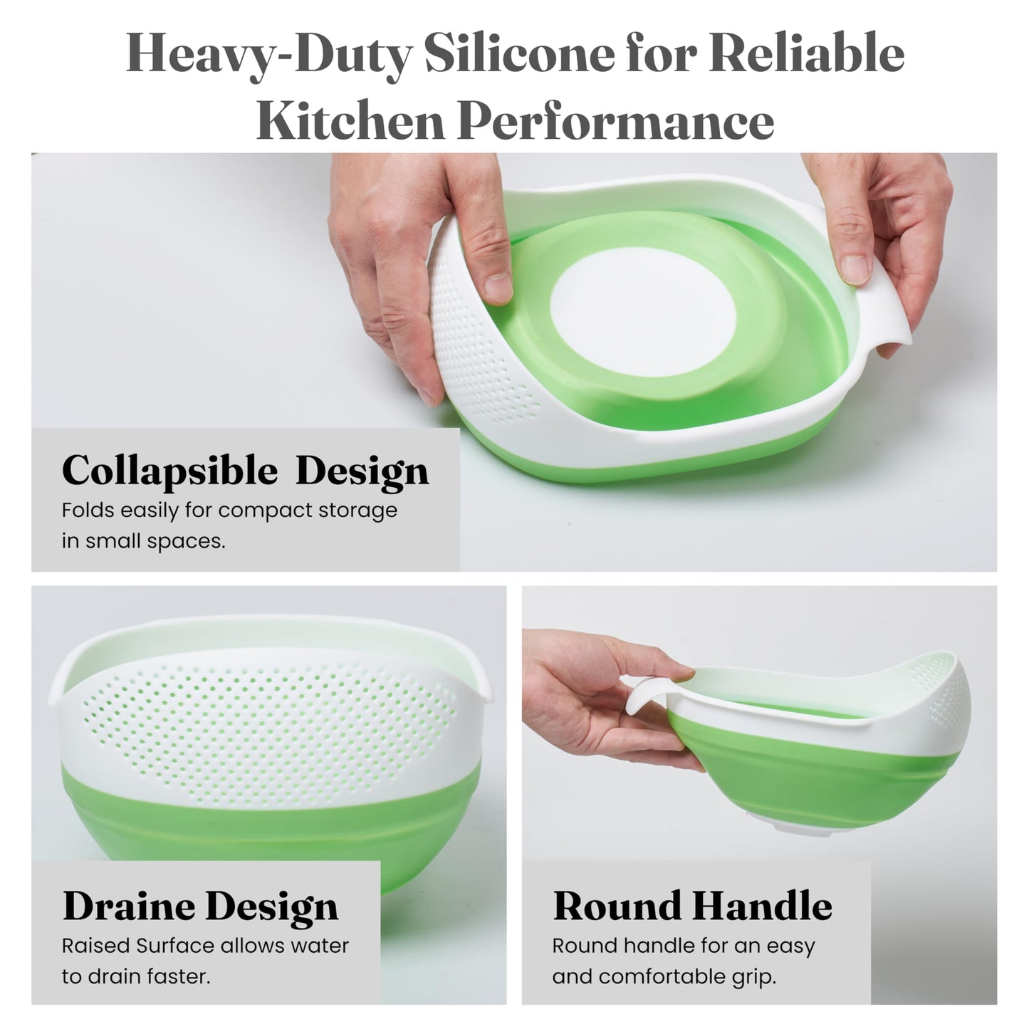 Kitchen Gizmo Collapsible Rice Strainer - Silicone Rice Washer Strainer Bowl - BPA Free - Space Saving Design - Lightweight and Easy to Clean - 9.1 x 7.1in High - Green/Grey