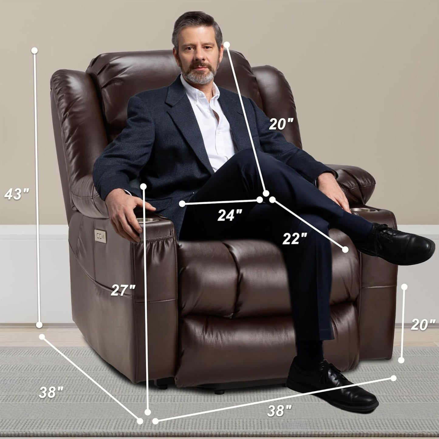 Outspurge Large Power Lift Recliner Leather Chair Sofa with Massage & Heat, Lazy Boy Chair with Cup Holders, USB & Type-C Ports, Remote Control (Brown)