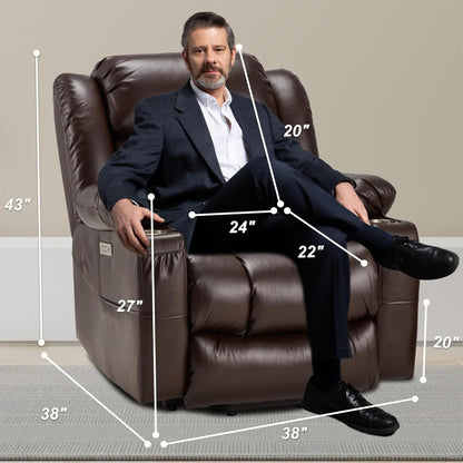 Outspurge Large Power Lift Recliner Leather Chair Sofa with Massage & Heat, Lazy Boy Chair with Cup Holders, USB & Type-C Ports, Remote Control (Brown)