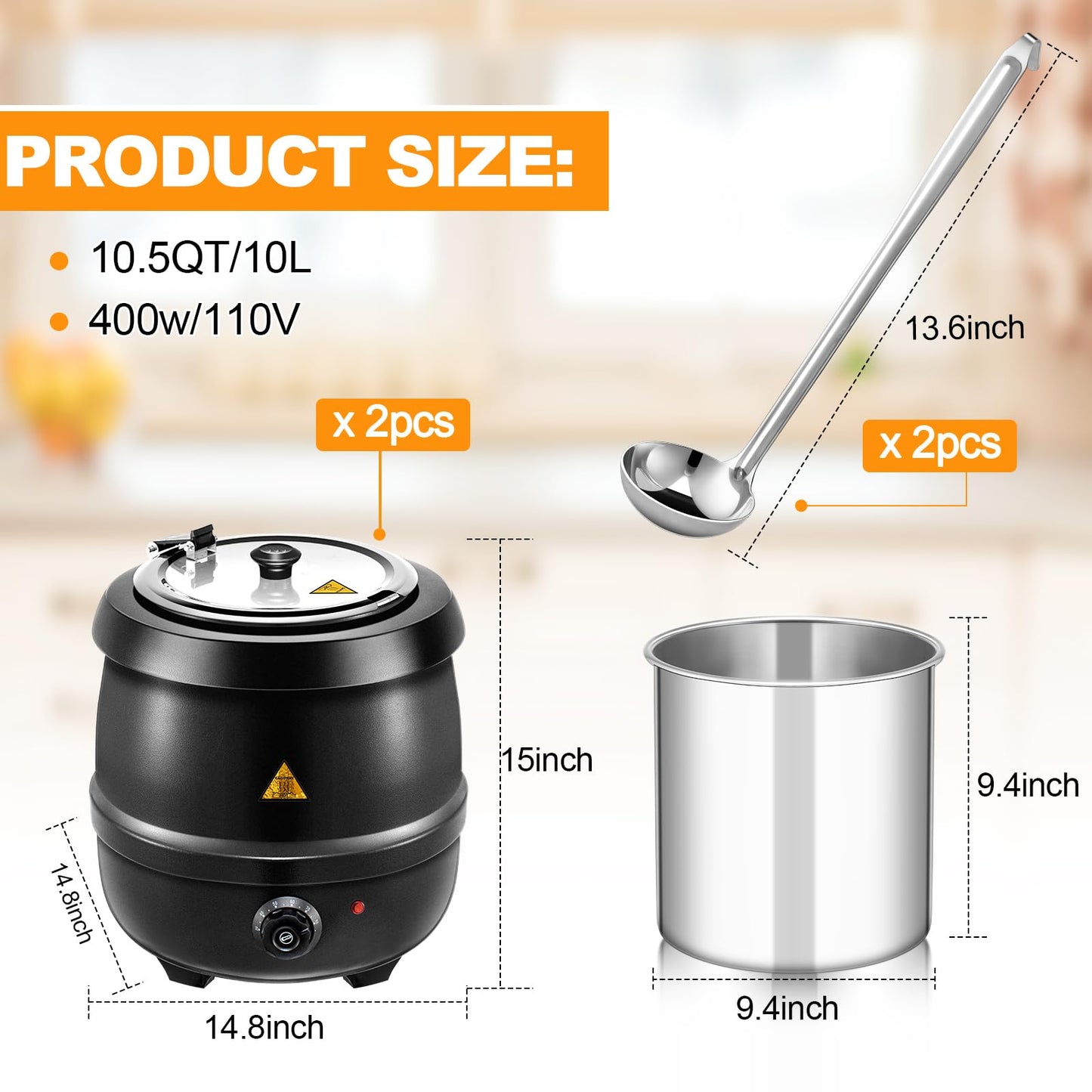 Suclain 2 10.5 Quart Commercial Soup Warmer 110v Electric Large Commercial Soup Kettle Warmer with 2 Ladles Stainless Steel Hinged Lid Detachable Pot Portable Electric Pot for Family Gathering