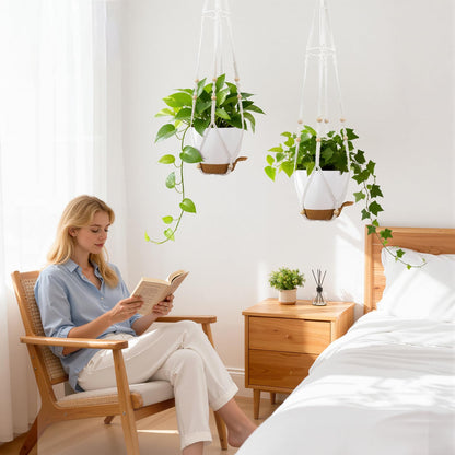 Hanging Planters for Indoor Plants: 2 Pack Macrame Plant Hangers with Grow Lights and Self-Watering Pots, Large Hanging Pots with Drainage Holes & Removable Tray（8in White Pot, Daylight Spectrum）
