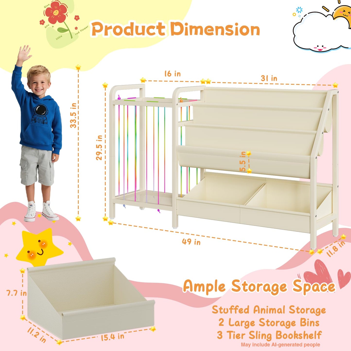 CYXPHION B5 Kids Bookshelf and Toy Storage, Book Shelf for Kids Rooms, Sling Toddler Book Shelves with Stuffed Animal Storage, Montessori Baby Bookcase for Nursery, Bedroom, Playroom, White