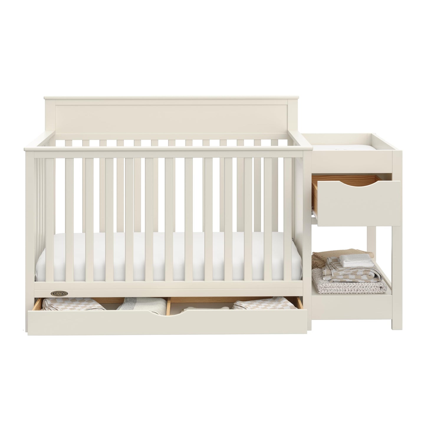 Graco Shiloh 5-in-1 Convertible Crib & Changer with Drawer – GREENGUARD Gold Certified Baby Crib Crafted from Wood, Converts to Toddler Bed, Daybed, and Full-Size Bed (Frosted Oat)