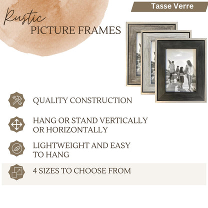 Tasse Verre 5x7 Rustic Picture Frames 3-Pack, Distressed Farmhouse-Style Table Frame, Brushed Industrial Silver Metal Look Frame with Wood Looking Insert, Ready-to-Hang Hooks.