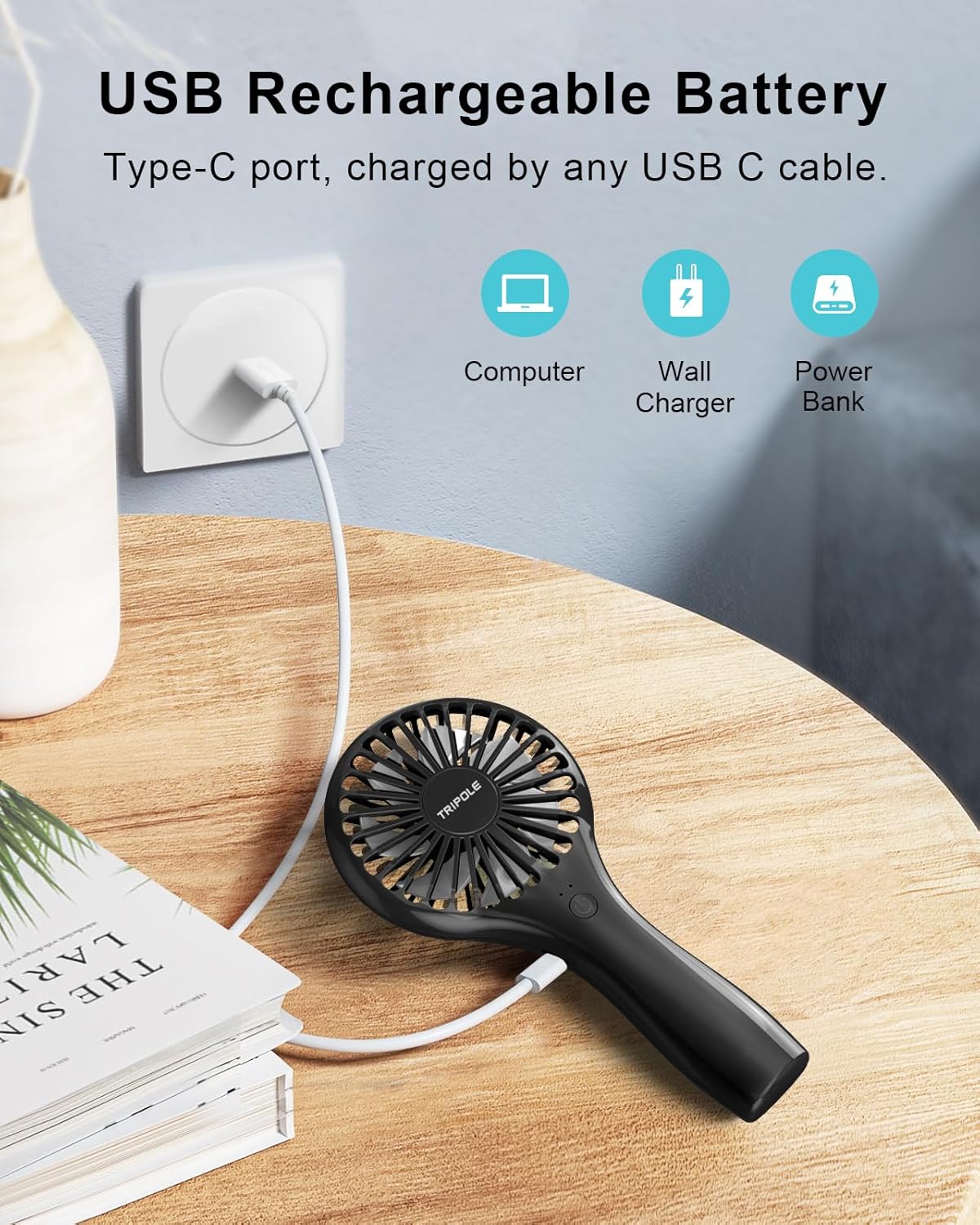 TriPole Handheld Mini Fan, Battery Operated Small Personal Portable Fan, Speed Adjustable USB Rechargeable (Black)