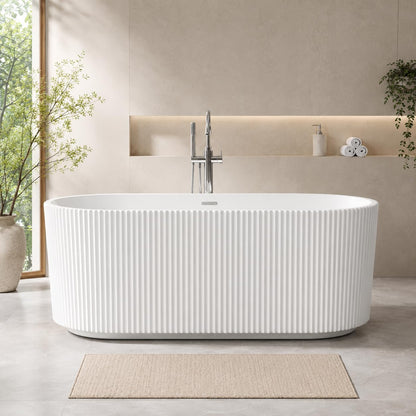 59" Acrylic Freestanding Soaking Bathtub, Deep Ergonomic Design with Lumbar Support, Integrated Overflow Drain, Non-Slip Base,cUPC Certified Modern Bathroom Tub, Easy Installation for Bathroom