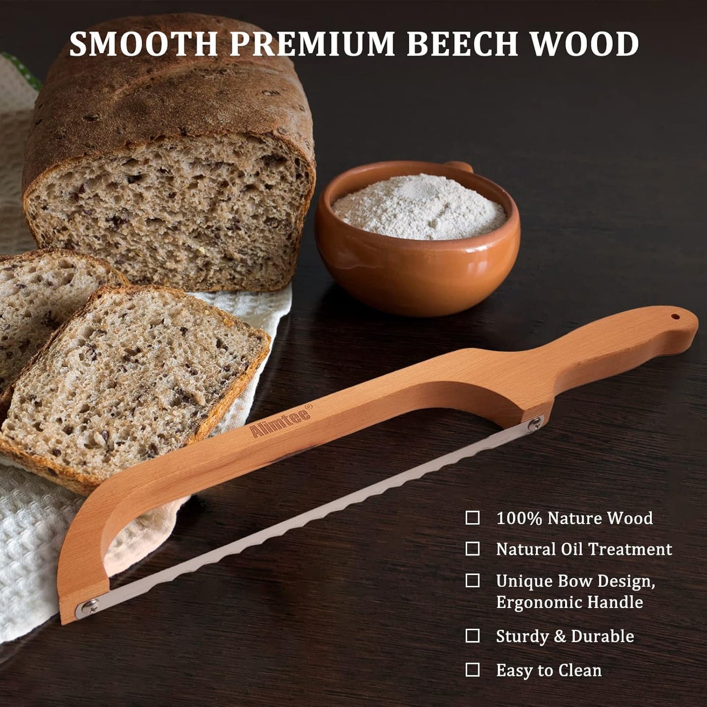16" Wooden Serrated Bread Knife for Homemade Bread, Fiddle Bow Design Sourdough Cutter, Premium Stainless Steel Gift