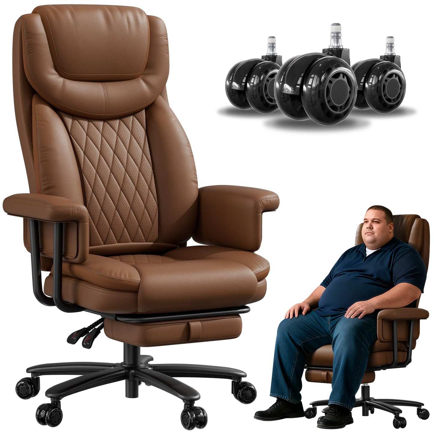 JULYMON Executive Office Chair Big and Tall 500LBS, 165° Reclining Heavy Duty Office Chair with Footrest & Quiet Rubber Wheels, Height Adjustable, Soft Strong Padded Arms, Brown