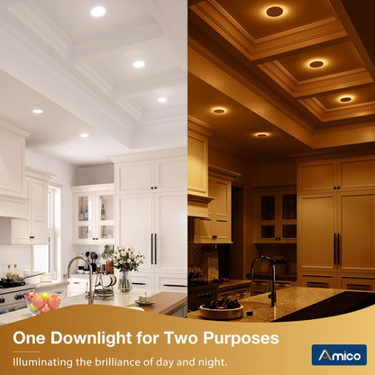 Amico 12 Pack 6 Inch 5CCT LED Recessed Ceiling Light with Night Light, 2700K/3000K/3500K/4000K/5000K Selectable Ultra-Thin Lighting, 12W=110W, 1100LM, Dimmable Canless Wafer Downlight ETL&FCC