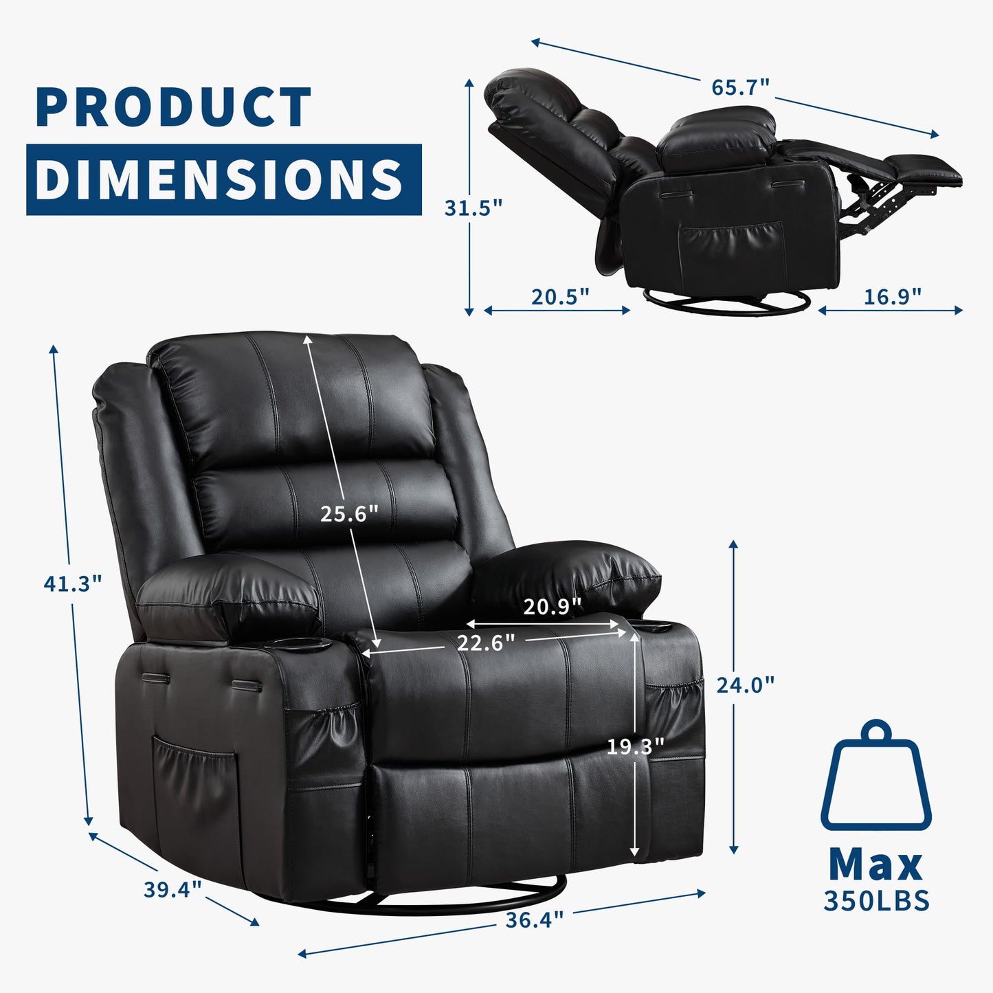 Rocking Recliner Chair for Adults Wide 360° Swivel Rocker Recliner with Cup Holder Nursery Glider with Upholstered Deep Seat PU Leather Comfy Single Sofa for Living Room Black