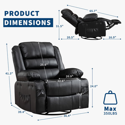 Rocking Recliner Chair for Adults Wide 360° Swivel Rocker Recliner with Cup Holder Nursery Glider with Upholstered Deep Seat PU Leather Comfy Single Sofa for Living Room Black