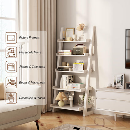 AQIMUELE White Wooden Ladder Shelf with Edges, 5-Tier Modern Leaning Bookshelf Ladder – Stylish Space-Saving Bookcase for Living Room, Bedroom & Home Office