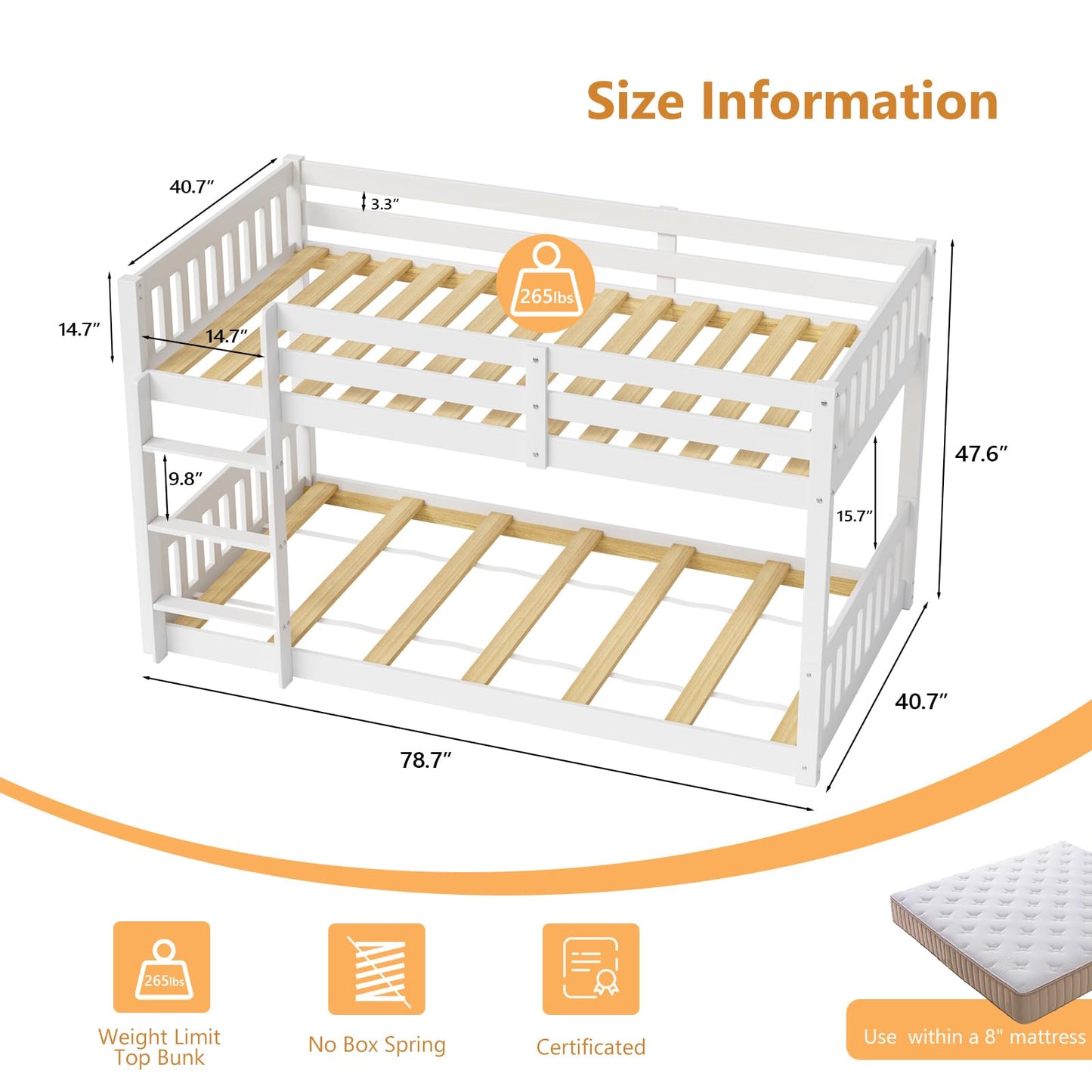 JOYMOR Solid Wood Low Twin Over Twin Bunk Bed for Kids/Junior, Bunk Bed Frame with Guardrails & Ladder for Boys Girls, No Box Spring Needed (White)