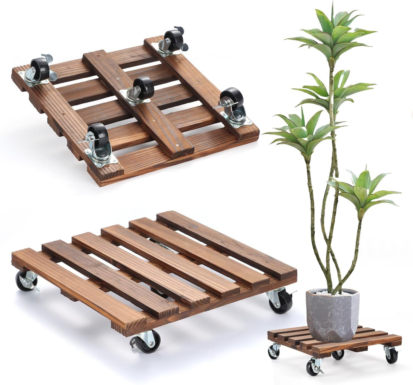 PRAQECZ 2 Pack 14" 264 LBS 360 Plant Stand with Wheels, Rolling Plant Stand Heavy Duty Wooden Square Plant Caddy