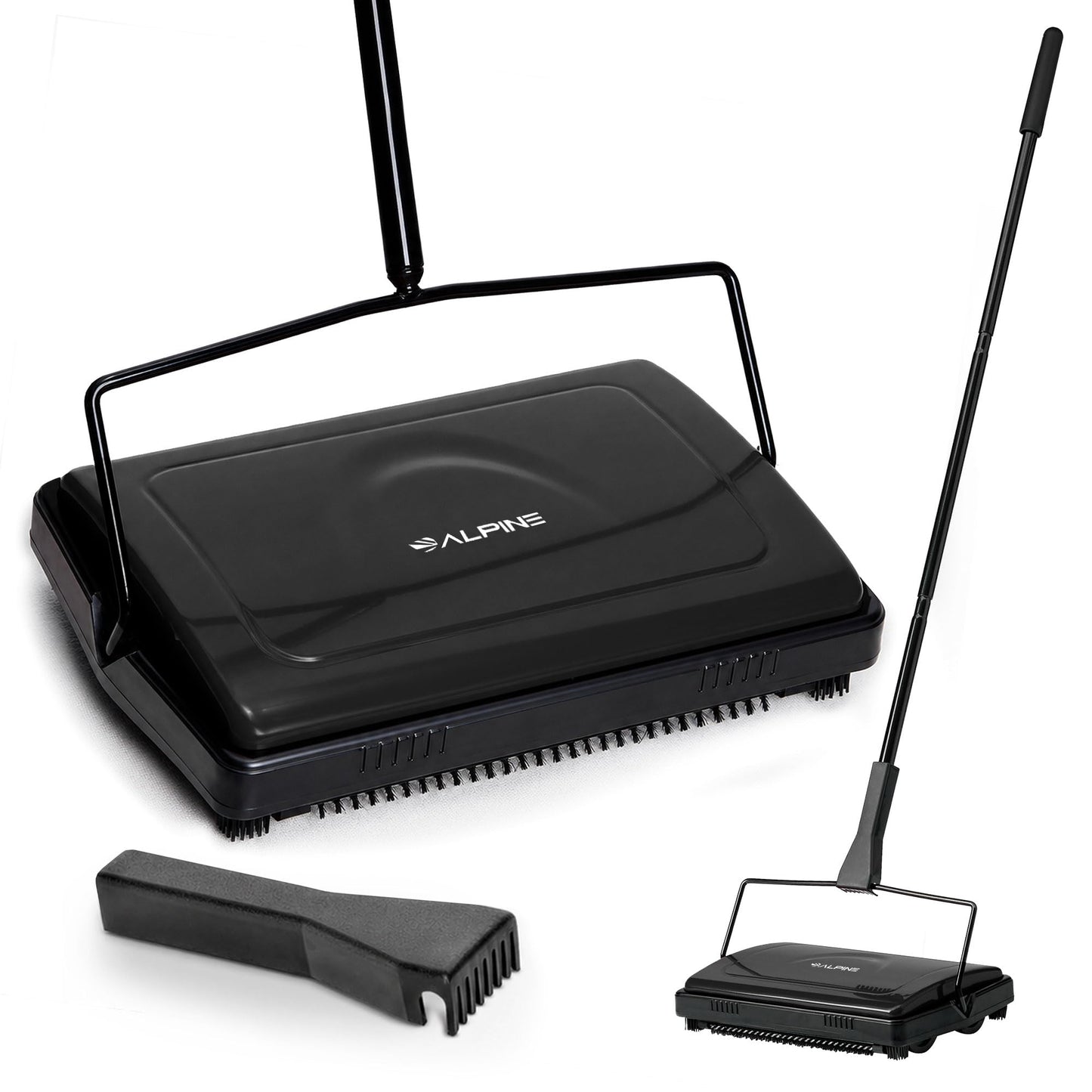 Alpine Manual Carpet Sweeper Triple Brush – Cordless Non Electric Multi-Surface Floor Brush Hardwood Floor Cleaner Easy Sweeping for Carpeted Floors (Improved Black)