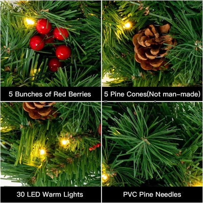DEWBIN 24 Inch 2FT Christmas Wreath, 30 LED Lights Christmas Wreaths for Front Door with Bow Red Berries Pine Cones, Prelit Timer Home Decor, Xmas Wall Windows Decorations Indoor Outdoor