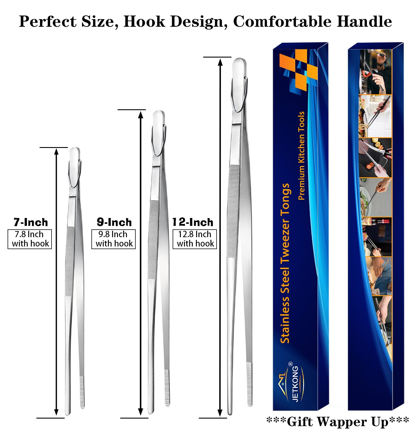 JETKONG Food Tweezers Precision Serrated Tips Kitchen Tweezers Professional Cooking Tweezer Tongs, Set of 3 (7 9 12 Inch, Silver)